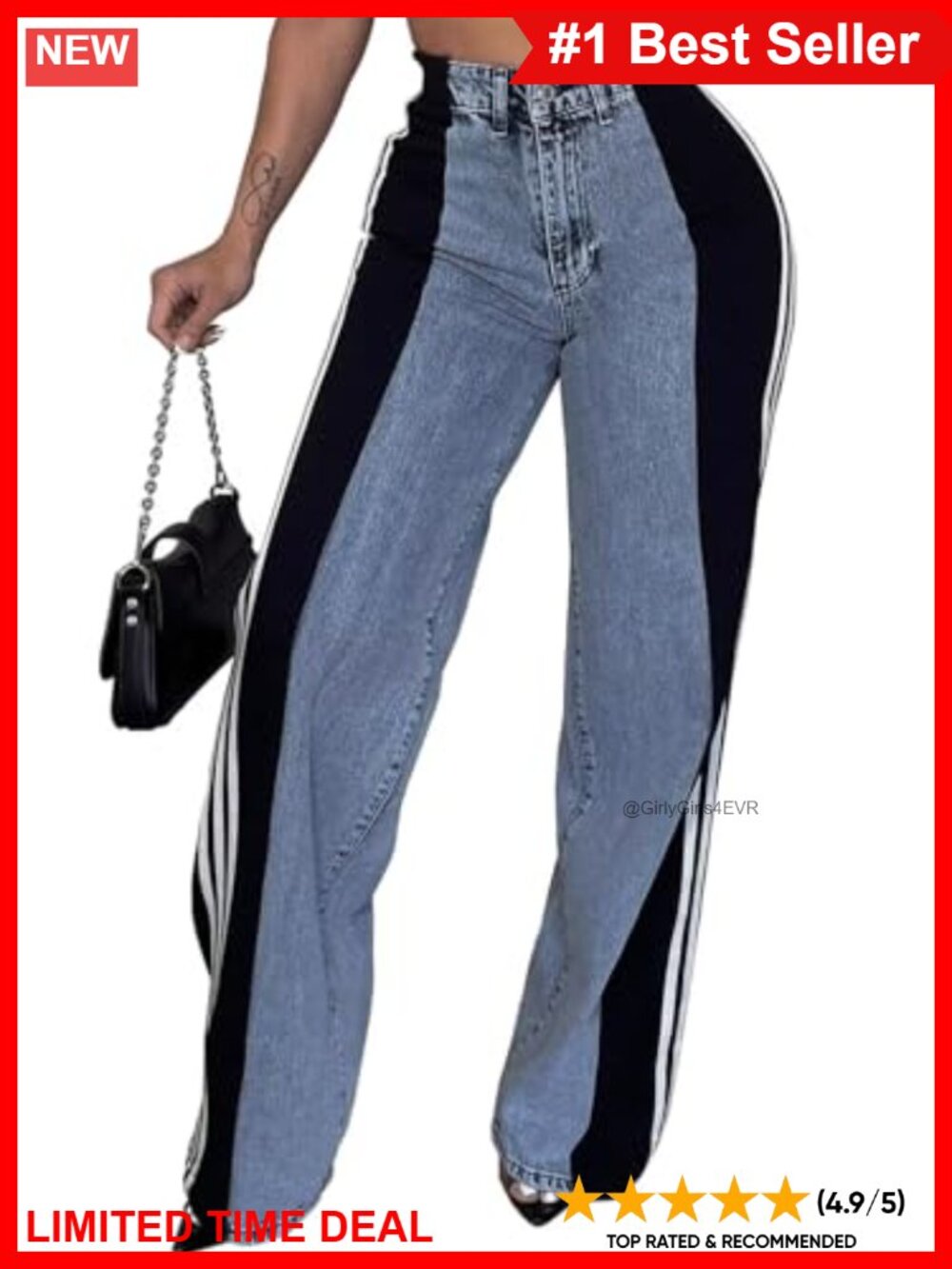 Women's Stretchy Wide Leg Patchwork Jeans High Waisted Denim Pants